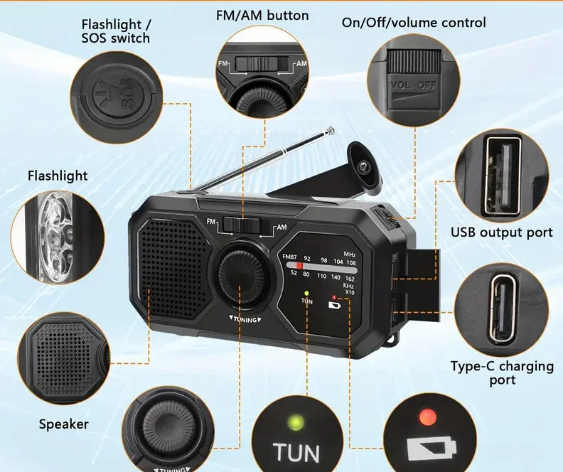 Radio solaire d’urgence – Radio météo à manivelle et batterie externe
