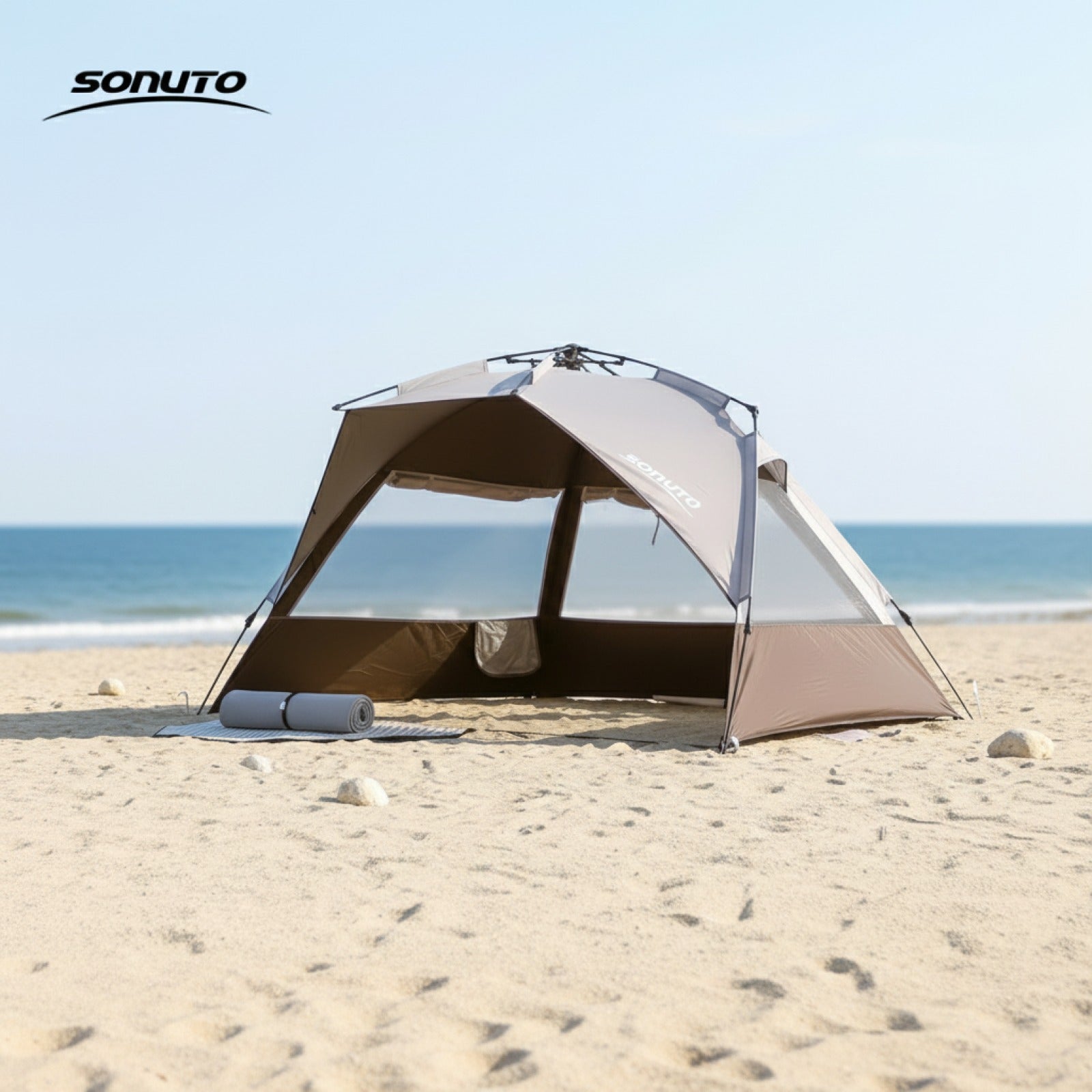 Tente de camping automatique Sonuto 3-4 personnes - Ouverture rapide, anti-UV, idéale pour plage, pêche, pique-nique et voyage