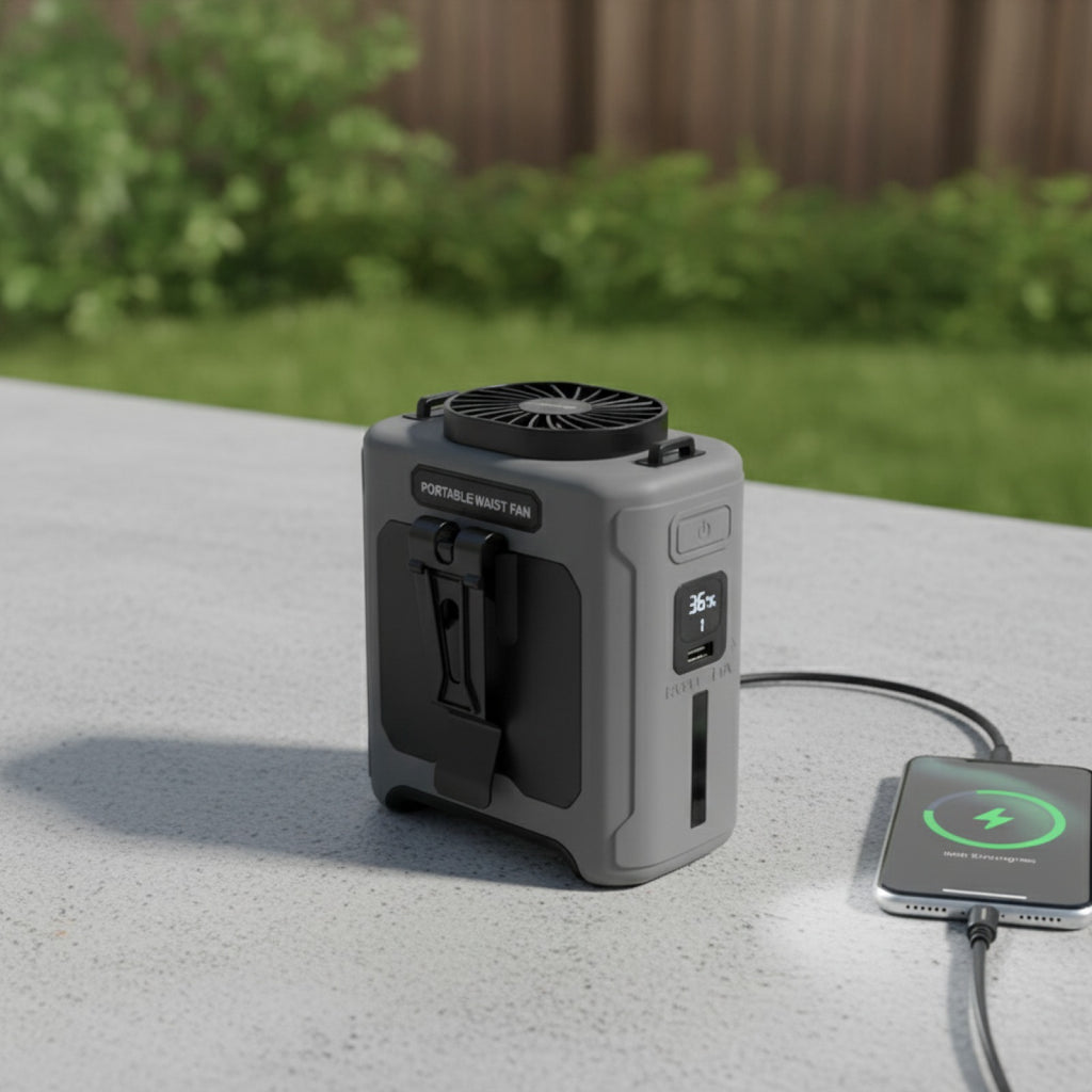 Ventilateur Portable 10000mAh avec Power Bank, Éclairage LED et 5 Vitesses - Idéal pour le Travail en Extérieur