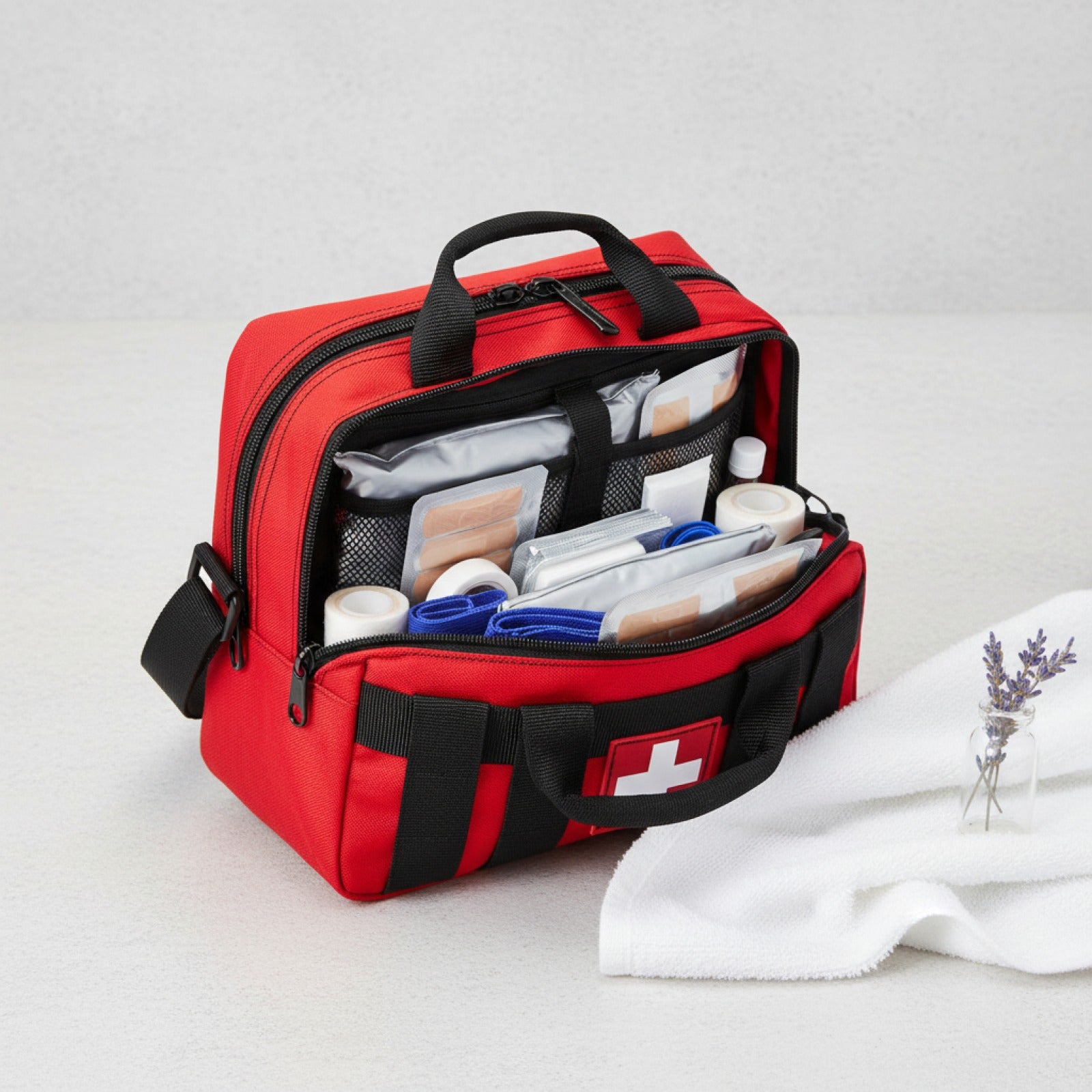 Trousse de premiers secours portable 379 pièces pour bureau et maison, sac d'urgence rouge pour activités extérieures, camping, randonnée
