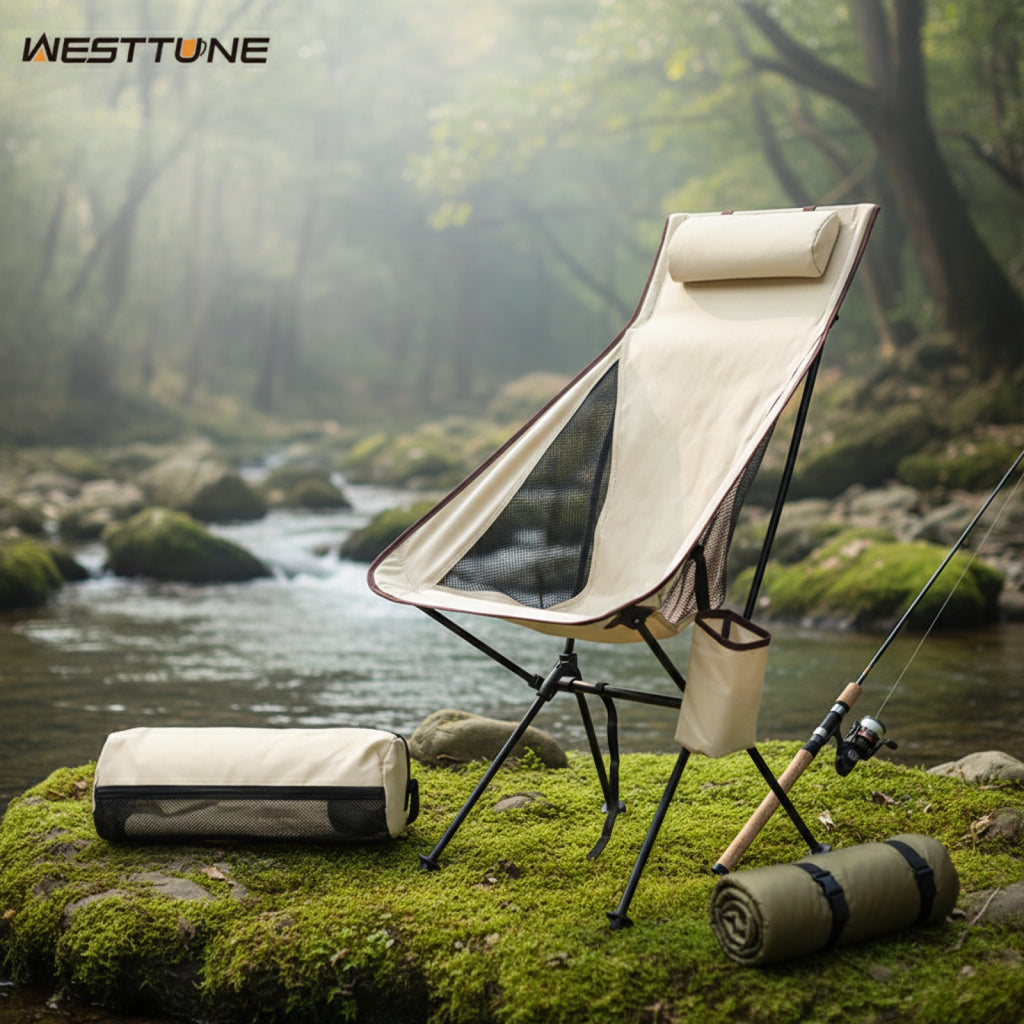Chaise de camping pliante WESTTUNE avec repose-tête - Légère en alliage d'aluminium pour pêche et extérieur