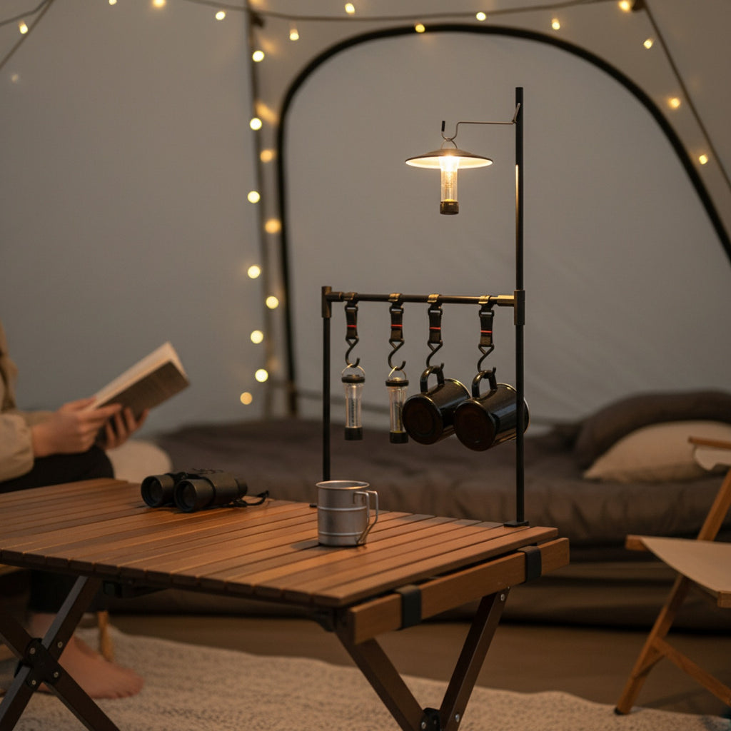 Étagère de Camping Portable en Aluminium - Support Lanterne & Râtelier Suspendu