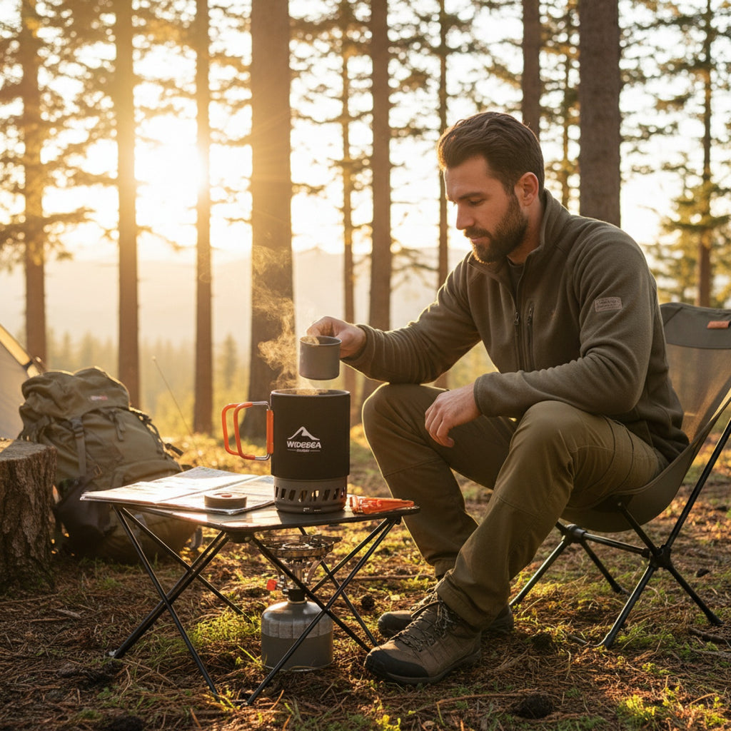 Cafetière Piston Nomade Widesea 0.9L avec Réchaud Camping 1100BTU